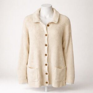 RAW by Mavi Polo Cream Ribbed Cotton Cardigan Sweater | Button Front | XL